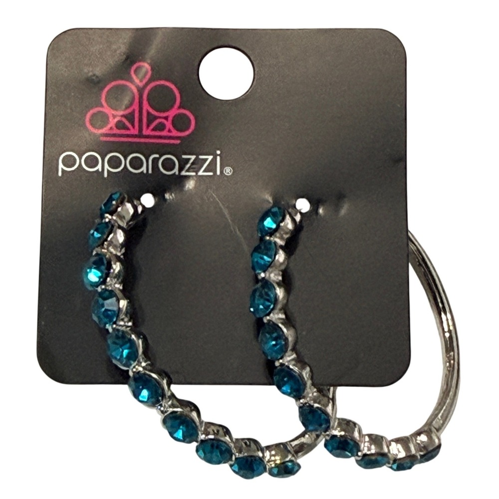 Paparazzi Rhinestone Hoop Earrings Blue Silver Tone 1.5 Inch Fashion Jewelry